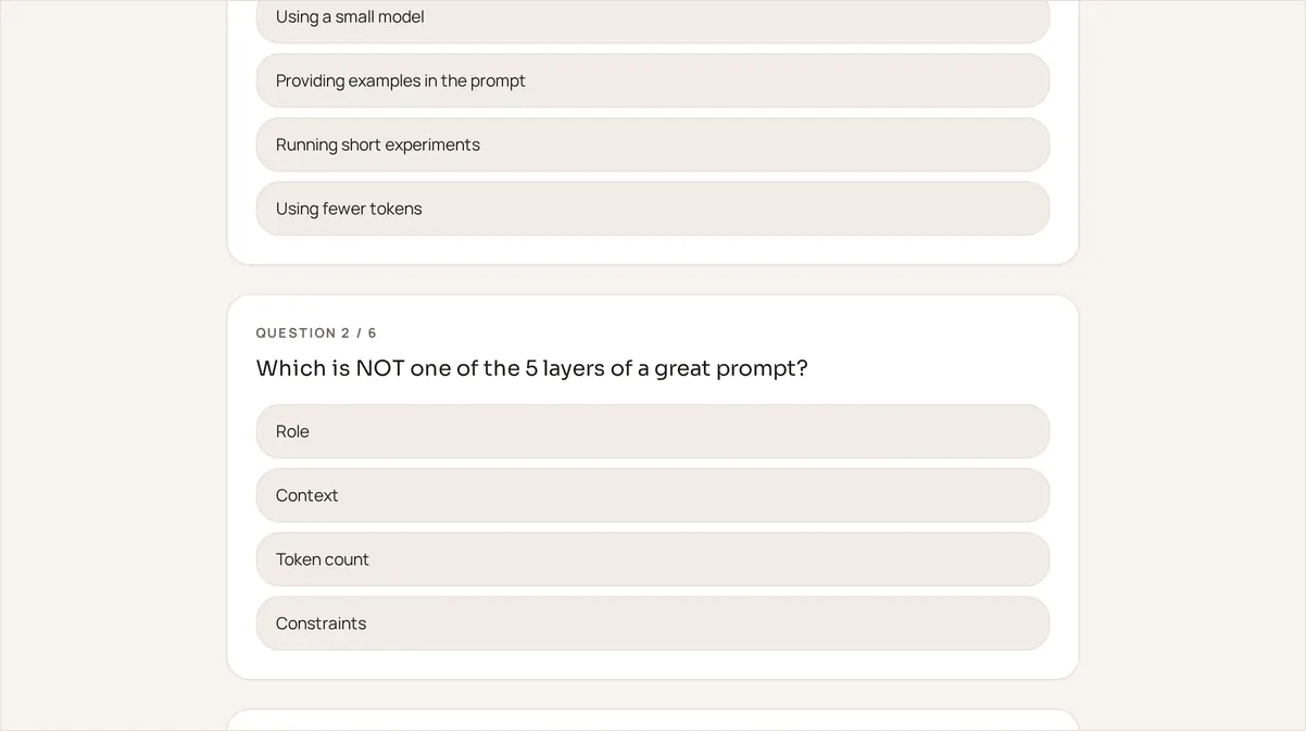 Screenshot of a module quiz in the AI Native Course with multiple-choice questions about prompt engineering